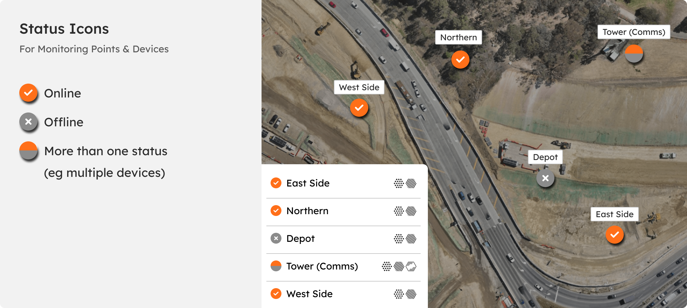 The dashboard map in All Aspects view, showing the online status of every monitoring point.