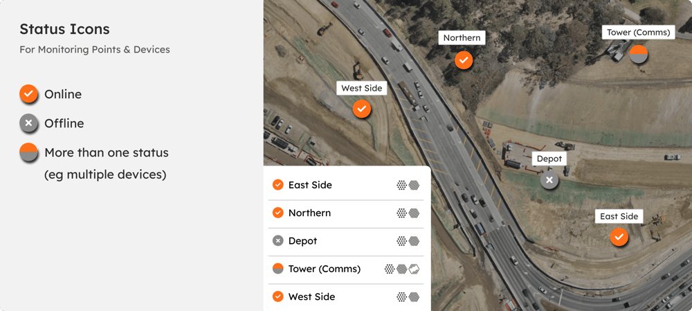 The dashboard map in All Aspects view, showing the online status of every monitoring point.