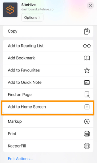 The Add to Home Screen button in the Safari share menu on an iPhone.