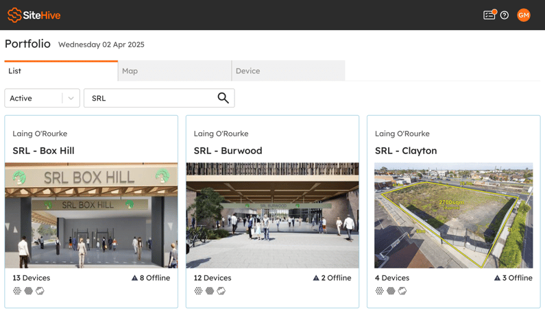 The Portfolio list view showing site cards with device counts, offline badges and icons for the aspects measured on each site.
