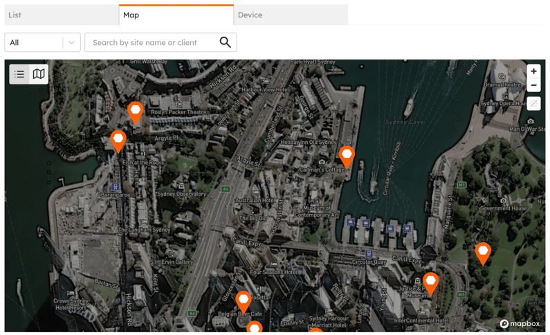 The Portfolio map view showing site location markers on a map.