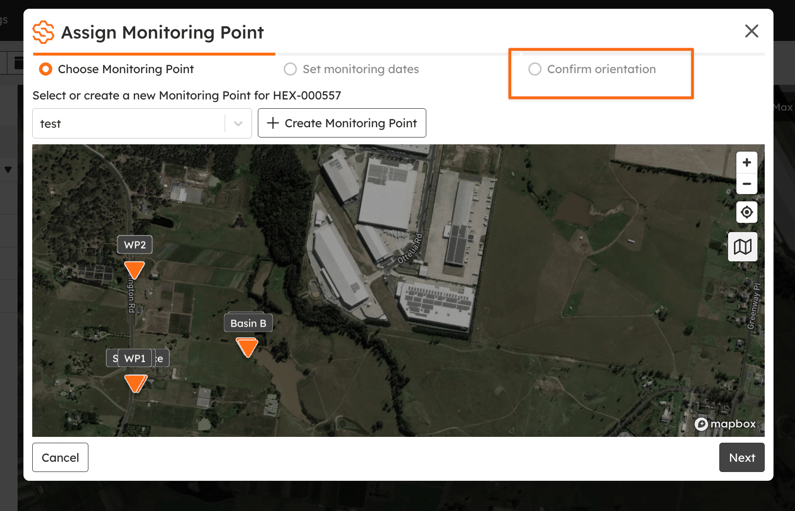 The Confirm Orientation step in Easy Setup, shown as the third step after choosing a monitoring point and setting dates.