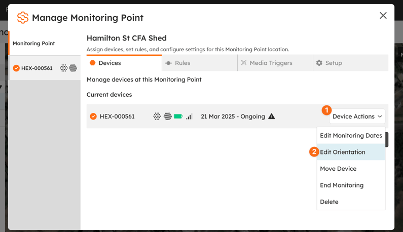The Device Actions dropdown in the Manage Window, with the Edit Orientation action opening the Set Monitoring Orientation view.
