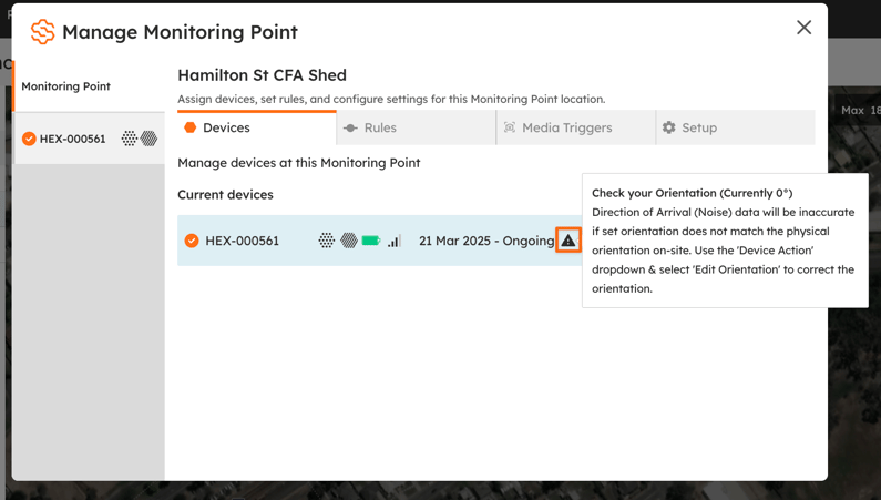 The warning shown when a device orientation is still at the default value of 0, prompting you to check it.