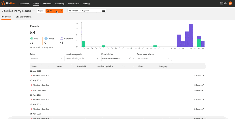 Animation of the Smart Select flow: opening the pop-up, choosing a standard and criteria, and the matching events being selected in the table.