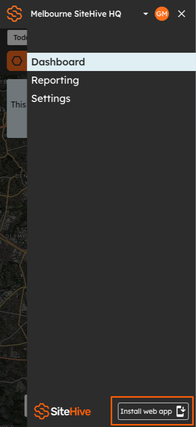 The Install web app button at the bottom of the SiteHive Enviro main menu.
