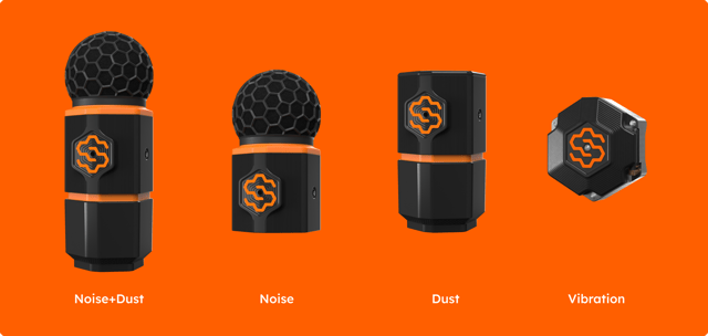 The four Next-gen SiteHive Hexanode devices side by side: Noise+Dust (tall hexagonal body with a spherical black foam windshield on top), Noise (spherical windshield on a shorter body), Dust (flat-topped hexagonal column with no windshield), and Vibration (compact hexagonal puck that mounts flat against a surface).