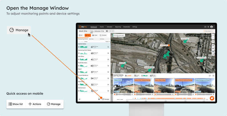 The Manage window with its Monitoring Point and Device views.