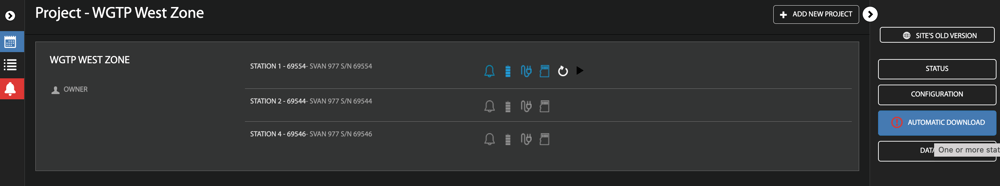 The Svannet project page listing the stations on the project, with the Automatic Download menu option on the right highlighted.