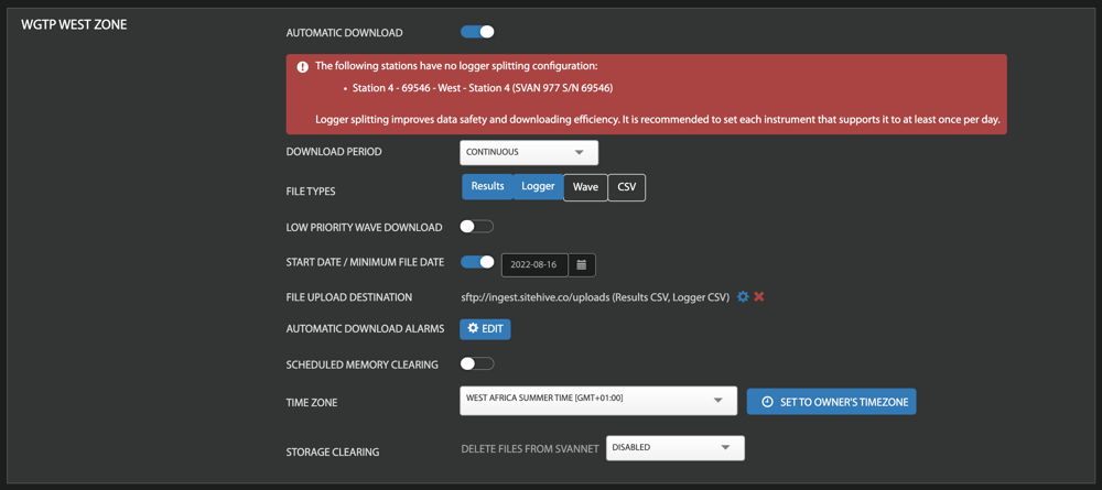 The Automatic Download settings page with automatic download toggled on, the download period set to Continuous, Results and Logger file types selected, and the file upload destination set to SiteHive's SFTP ingest address.