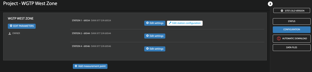 The Svannet dashboard with the Configuration tab on the left highlighted, showing where to click Edit station configuration for a Svantek station.