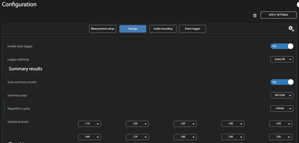 The Storage tab of the station configuration with the data logger enabled, Logger splitting set to Every SR, Save summary results on with a 15-minute summary step, and statistical levels L10 through L95 selected.