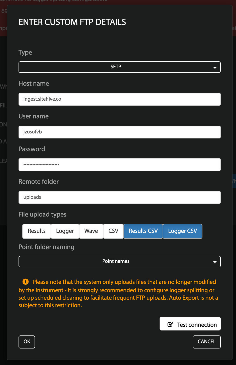 The File upload destination settings: type SFTP, host name ingest.sitehive.co, the site username and password, remote folder uploads, Results CSV and Logger CSV file upload types, and Point folder naming set to Point names.