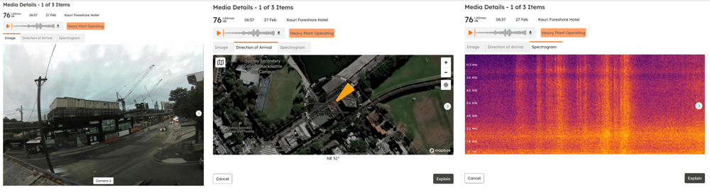 The Investigate view for an event, showing images, audio, direction of arrival and spectrogram context.