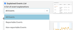 A generated PDF report page showing the events table.