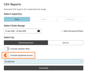 The CSV report options with events included.