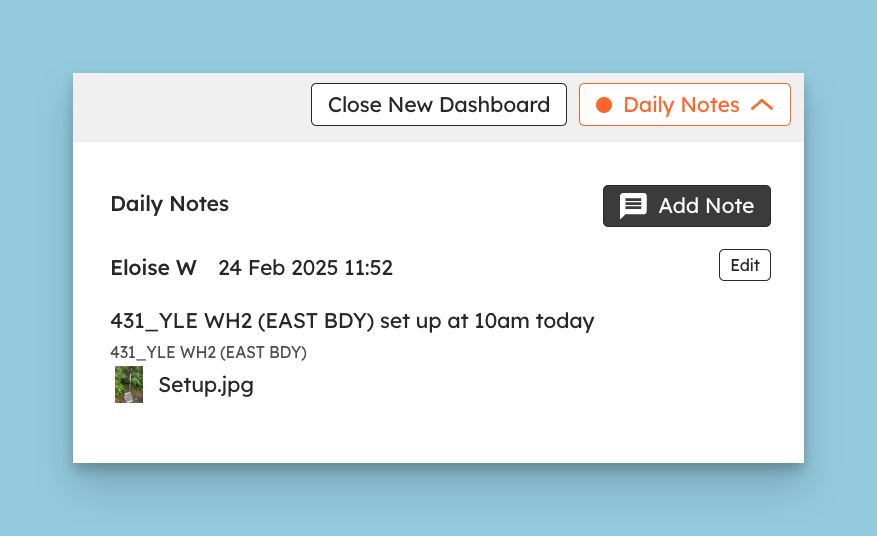 A saved note shown in the Daily Notes section, with the Daily Notes button highlighted orange to indicate notes exist for that day.