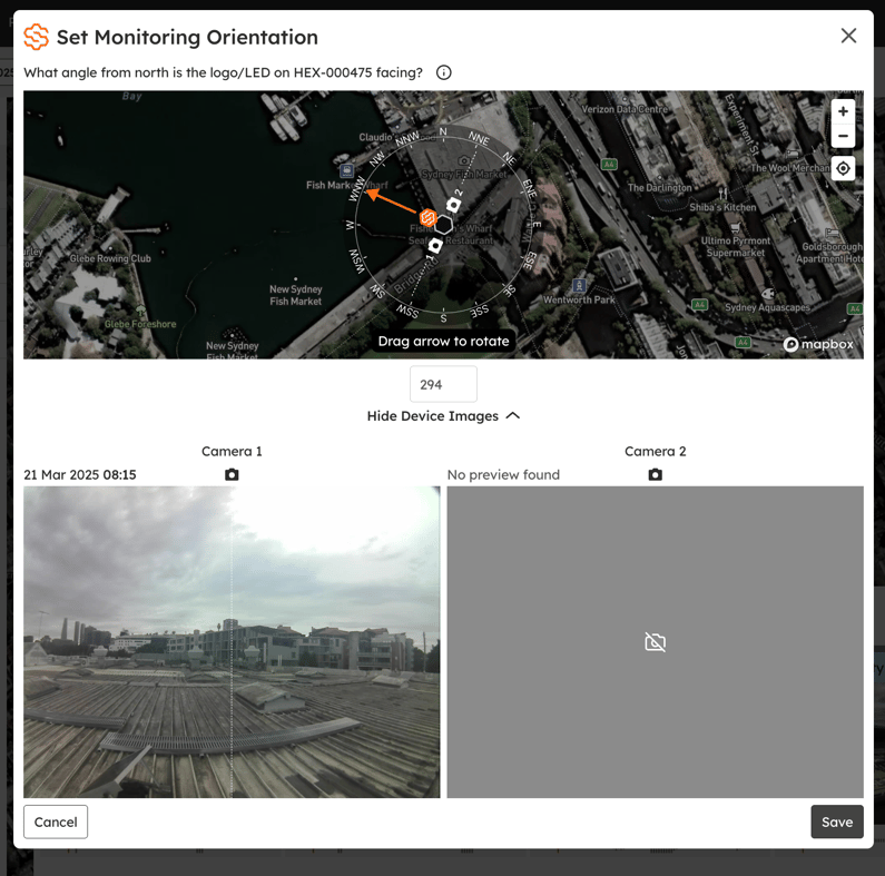 The orientation dial on the map: an orange arrow shows the direction the device faces, and labelled lines show where Camera 1 and Camera 2 point, alongside the camera images.