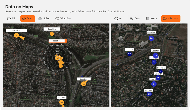 The map with an aspect selected, showing data values at each monitoring point and a Direction of Arrival indicator.