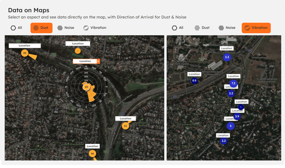 The map with an aspect selected, showing data values at each monitoring point and a Direction of Arrival indicator.