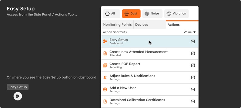 The Dashboard side panel, Actions tab, with the Easy Setup button highlighted.