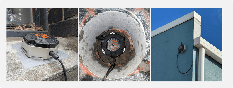 The Hexanode Vibration mounting configurations: adhesive base plate, soft ground spikes and hard ground placement.