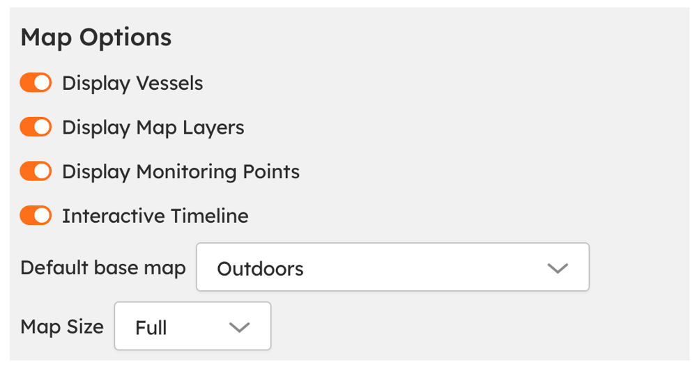 The Map Options settings controlling which vessel data and map elements appear in the Stakeholder View.