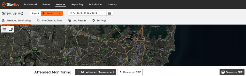Picture of the SiteHive Enviro Pro dashboard. The attended tab has been selected and within the attended tab the attended monitoring tab has been selected and is displayed.