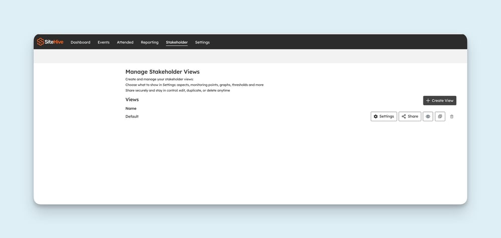 A Stakeholder View page showing a site map and environmental monitoring data in a simple shareable dashboard.