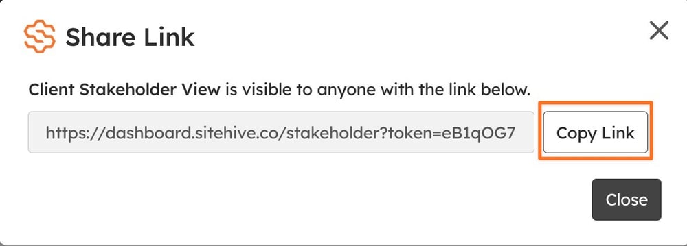 The share modal showing the Stakeholder View link ready to copy.