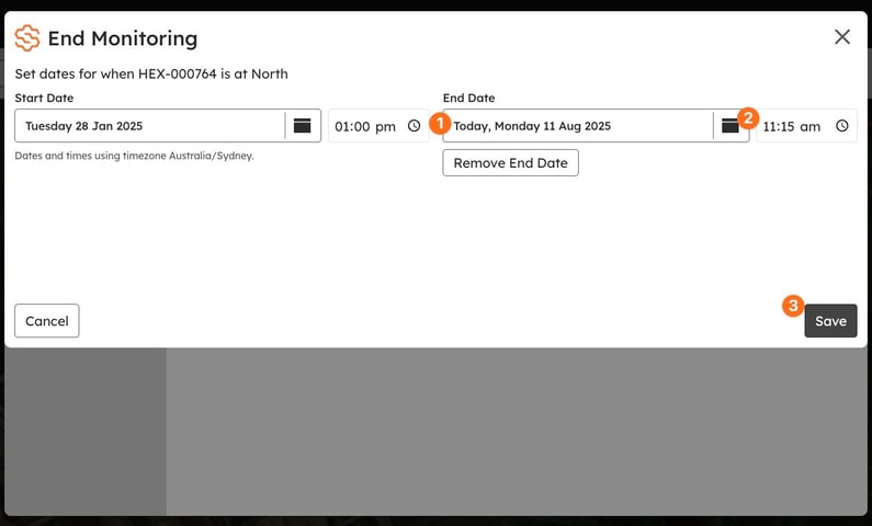 The End Monitoring dialog: the start date is already filled in; set the end date and the end time, then Save.