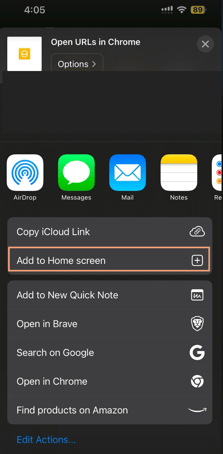 Adding the Chrome shortcut to the iPhone Home Screen from the share menu.