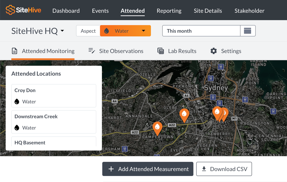 This image is of the 'Attended' tab that has been selected on the SiteHive Enviro Dashboard. On the second menubar 'Attended Monitoring' has been selected. It shows a list of the site's 'Attended Locations' and next to that there is a map that pinpoints those locations. Underneath the list and map there is an 'Add Attended Measurement button' and a 'Download CSV' button.