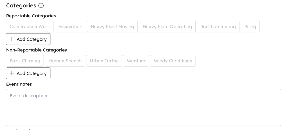 Event categories grouped under Reportable and Non-Reportable headings.