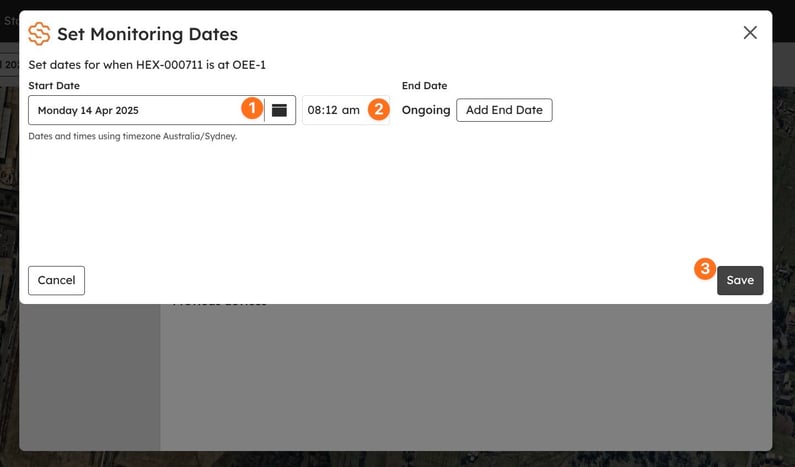 Set Monitoring Dates for a device that is there now: change the start date and the start time, then Save. The end date reads Ongoing, with an Add End Date button beside it.