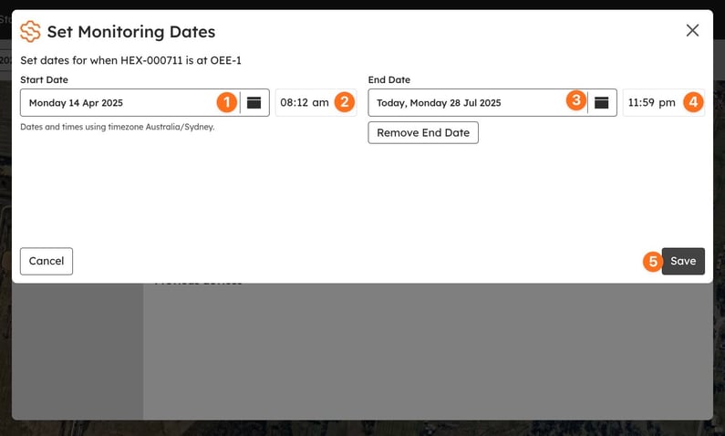 Set Monitoring Dates for a device that has left: the start date and time, the end date and time, then Save.