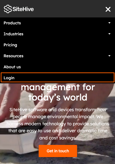 The sitehive.co website menu with the Login item.