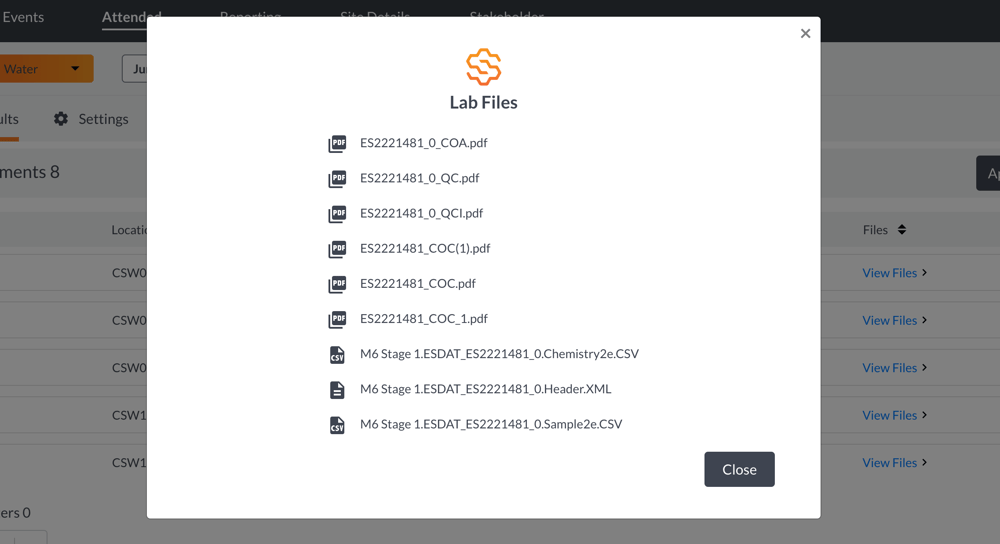 The View Files window listing the source files for a set of lab results, such as Chain of Custody and ESDAT files.