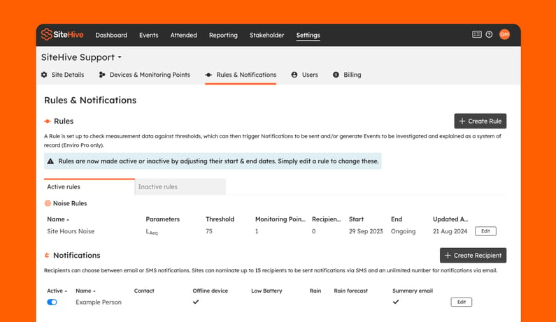 The Rules & Notifications page in Settings, with the Create Rule and Create Recipient buttons.