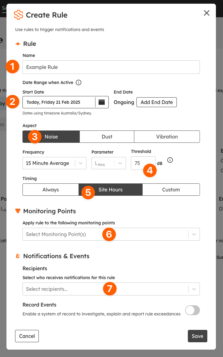 The completed noise rule saved on the Rules & Notifications page.