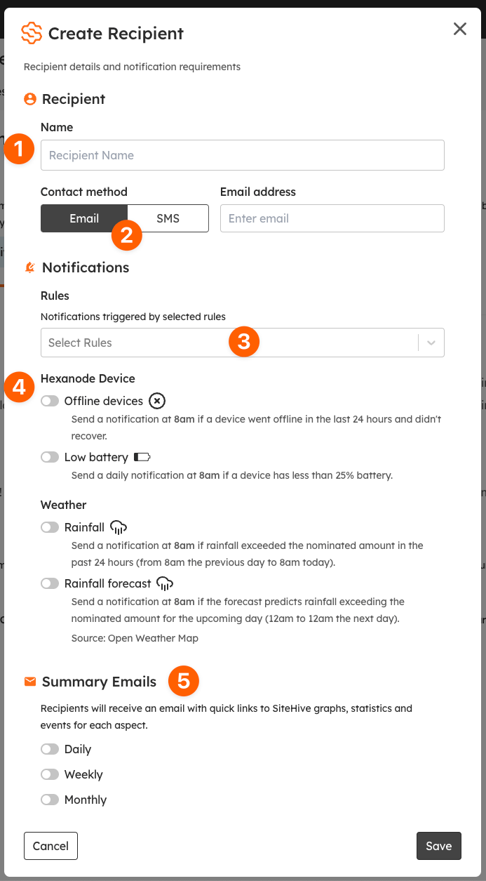 The saved recipient listed on the Rules & Notifications page.