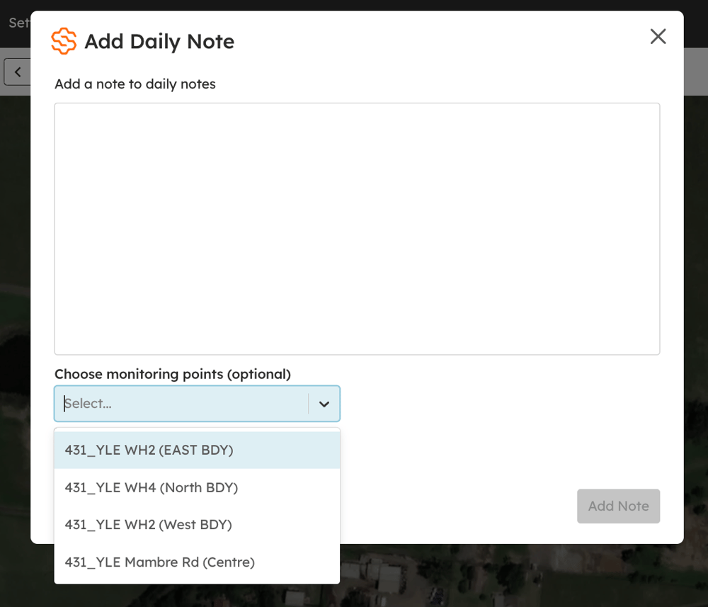 The Add a Daily Note form with a text box for the note and a dropdown to assign it to a monitoring point.