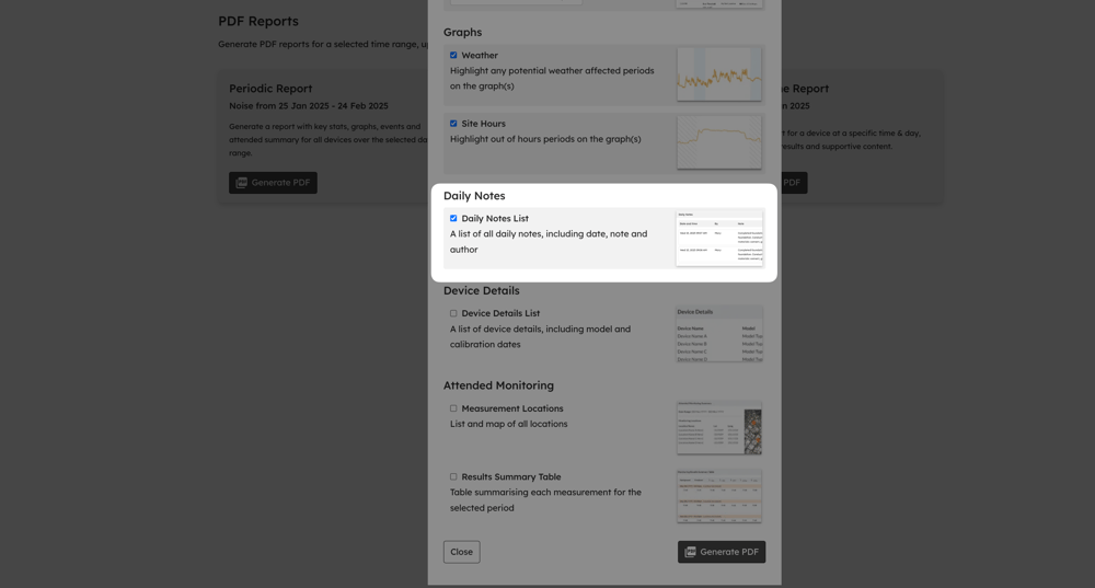 The PDF report preferences with the option to include Daily Notes ticked.