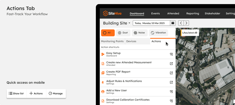 The Actions tab in the side panel listing the quick actions.