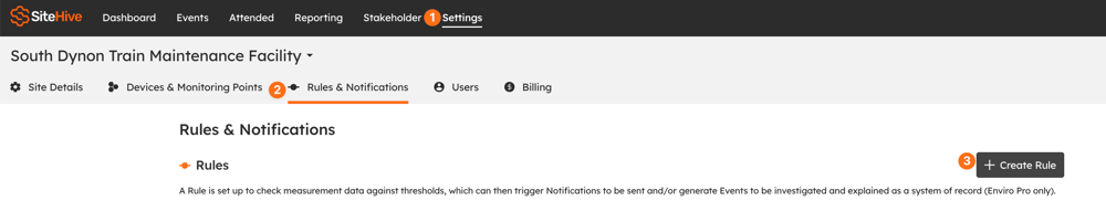 The Settings area with Rules & Notifications selected and the Create Rule button visible.