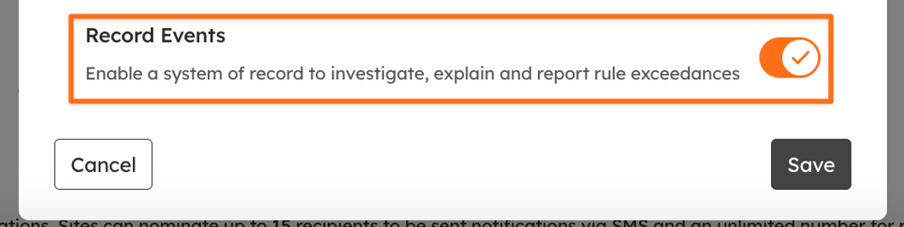 The Create Rule form with the Record Events toggle switched on.