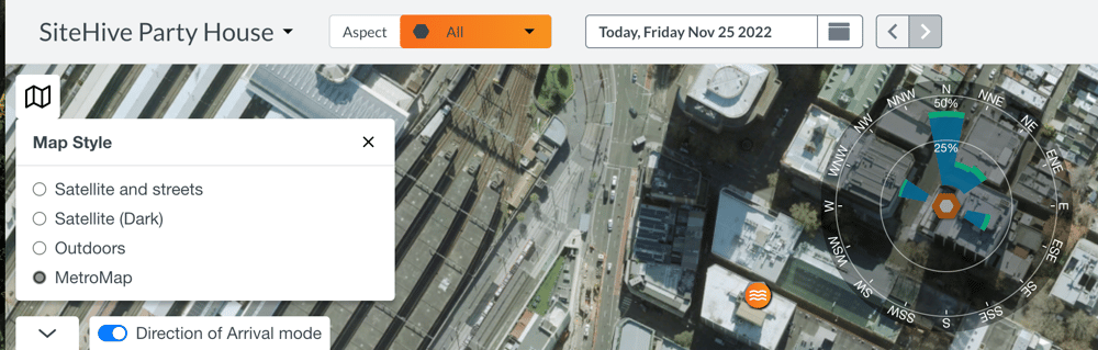 The SiteHive dashboard map with the MetroMap option available in the Map Styles section.