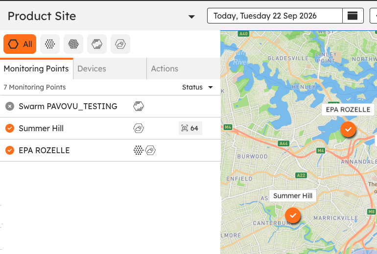 The Dashboard side panel and map with All selected in the aspect filter: two Monitoring Points with orange ticks and one with a grey cross, matched by the pins on the map.