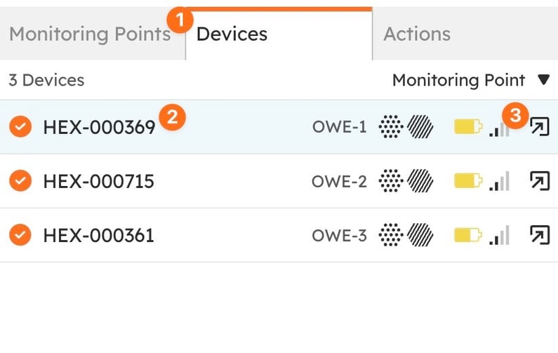 The Devices tab of the side panel: three devices, each with its Monitoring Point, aspect icons, a battery icon and a signal icon.